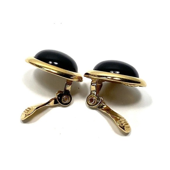 MONET Clip Ons Clips Earrings Black Acrylic Gold Tone Circles Vintage Signed - Picture 1 of 10